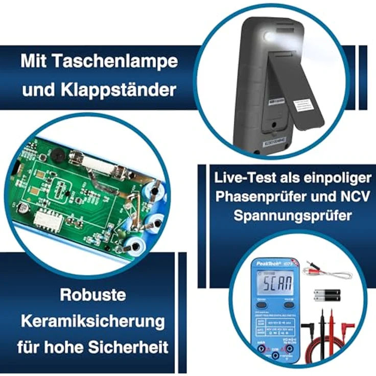 PeakTech 1073 True RMS SMART Multimeter, Auto-Range, 4.000 Counts, Durchgangsprüfer, Mehrfach-Messgerät, Voltmeter; 600V - 10A, NCV und Live-Test in Blau/Rot – Bild 4