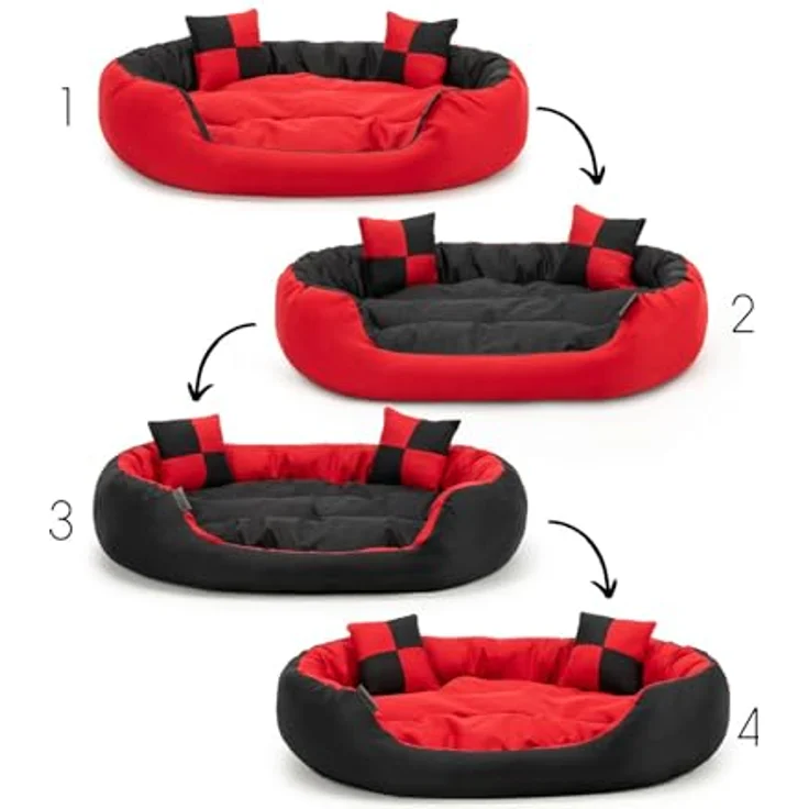 lionto 4-in-1 Hundebett Hundekissen Hundesofa abwischbar mit Wendekissen, (S) 65x50 cm rot/schwarz – Bild 3