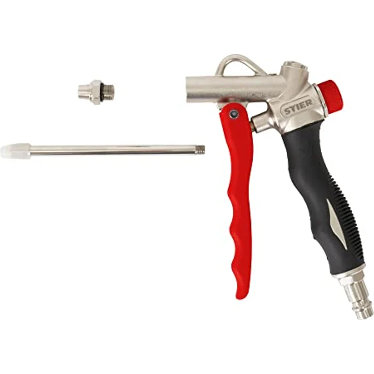 STIER Ausblaspistole mit Wechseldüse und Flow Control, stufenlos regulierbar, Betriebsdruck 6,3 bar, Luftanschluss 1/4 Zoll, ergonomischer Gummigriff – Bild 1