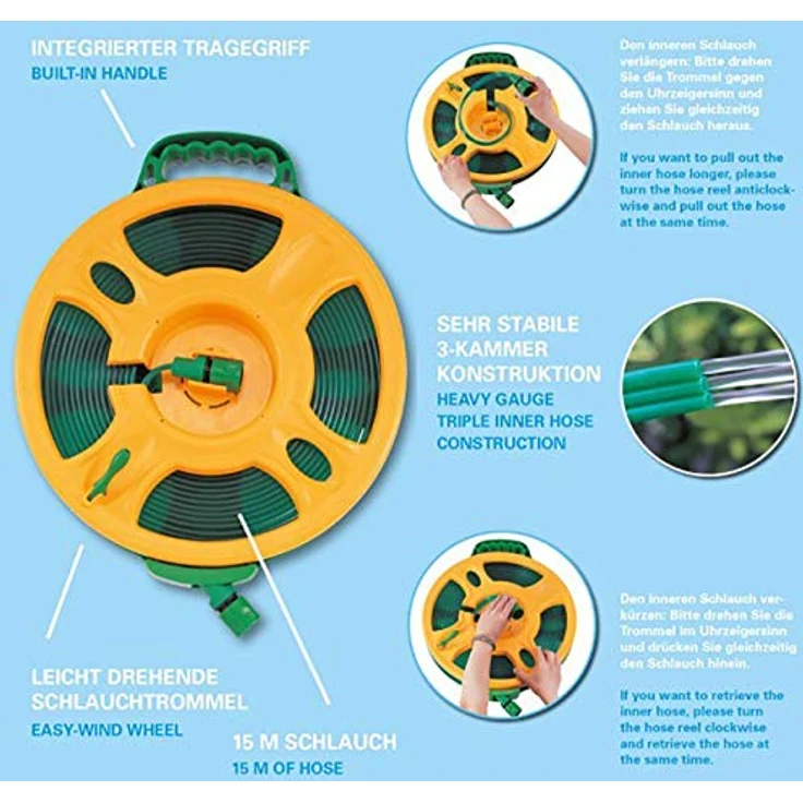 YACHTICON 3-Kammer Flachschlauch 15m, praktischer Flachschlauch mit drehbarer Schlauchtrommel und Tragegriff, geringes Gewicht von 2,3 kg – Bild 3