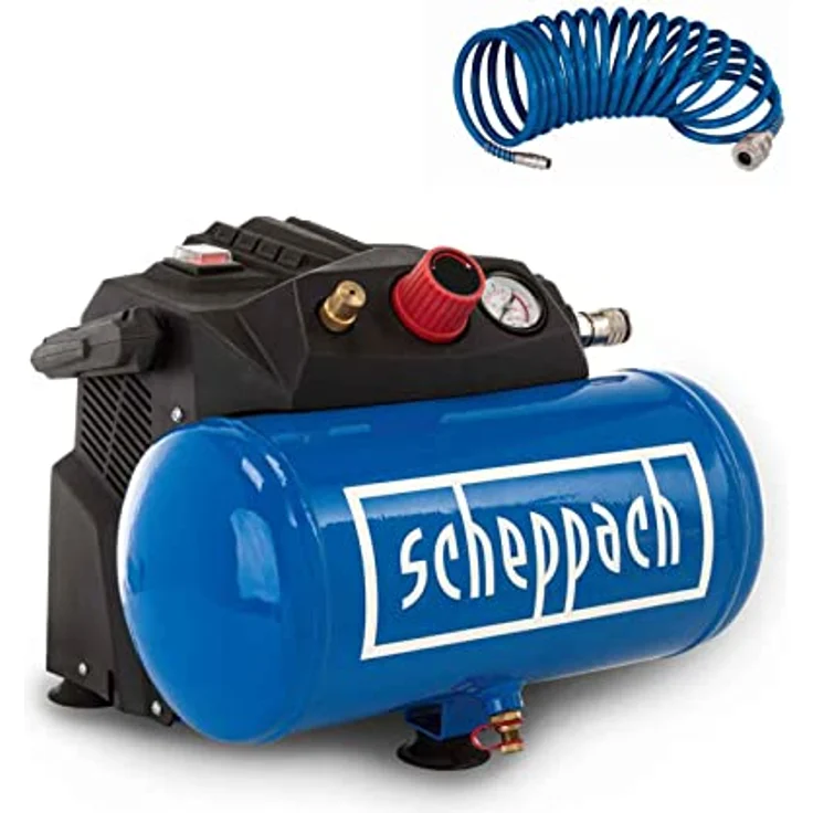 Scheppach Druckluft Kompressor HC06 ölfrei | 6L Kessel | 8 bar Arbeitsdruck | 1200 Watt Leistung | Ansaugleistung 200 L/min | mobil & kompakt Luftkompressor | inkl. 5m Schlauch – Bild 1