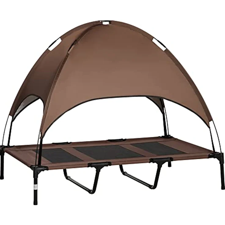 Pawhut Haustierbett mit Baldachin, Erhöhtes Hundebett, Hundeliege Outdoor mit Dach, Atmungsaktiv, Taftstoff Kaffee 122 x 92 x 108 cm – Bild 1