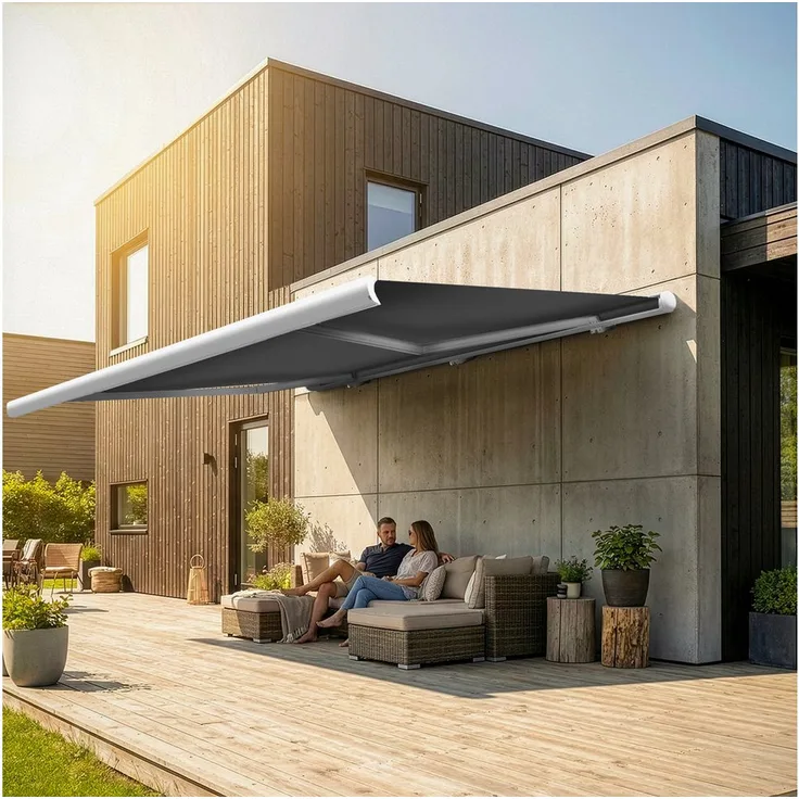 Eclipse elektrische Vollkassettenmarkise 2,5x2m Weiß, mit Dooya Markenmotor und UV-Schutzfaktor 50+