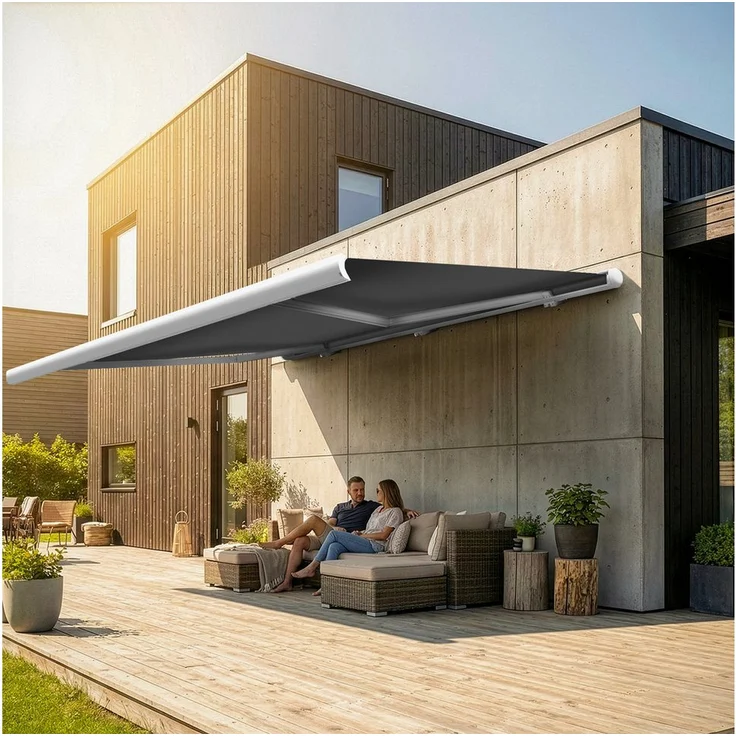 Eclipse elektrische Vollkassettenmarkise 2,5x2m Weiß, mit Dooya Markenmotor und UV-Schutzfaktor 50+