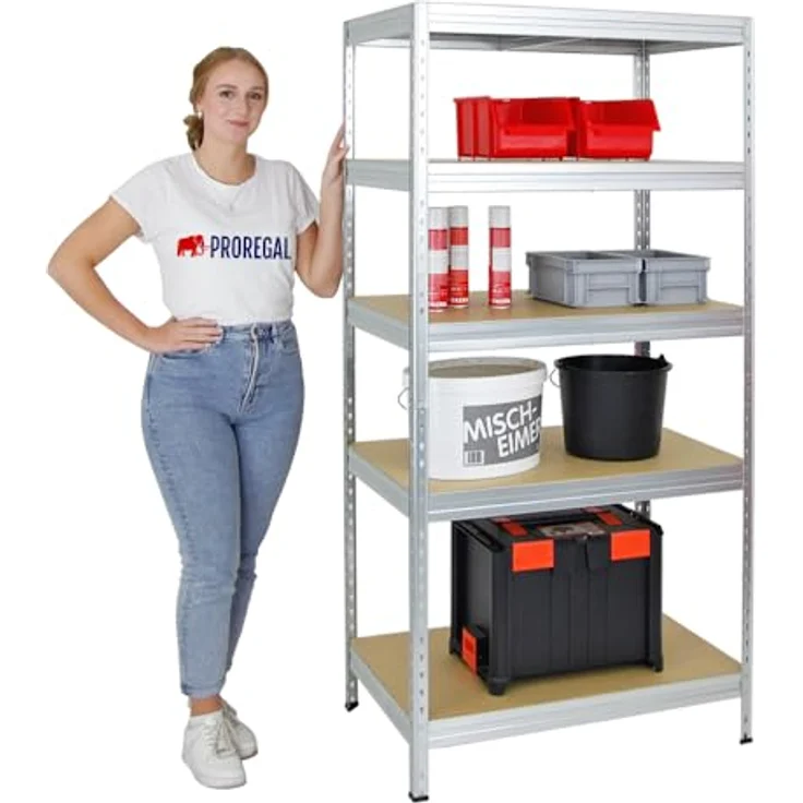 Proregal Schwerlastregal Rivet, 180 x 90 x 60 cm, 5 verstellbare Böden, Traglast 250 kg, verzinkt, kinderleichter Steckaufbau – Bild 3