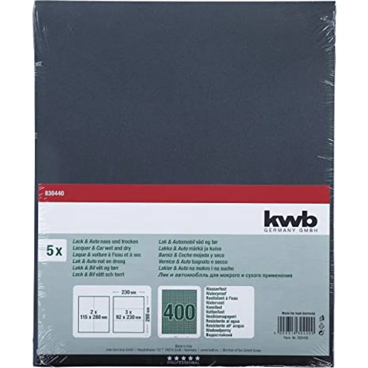 kwb 830440 Schleif-Papier wasser-fest Schleif-Bogen Wasserfest für Glas, Stein, Metall, Karosserie- und Lackier-Arbeiten, 230 x 280 mm, verschweißt 5 Stk. Korn K-400, Made in Europe - Preisvergleich – Bild 2