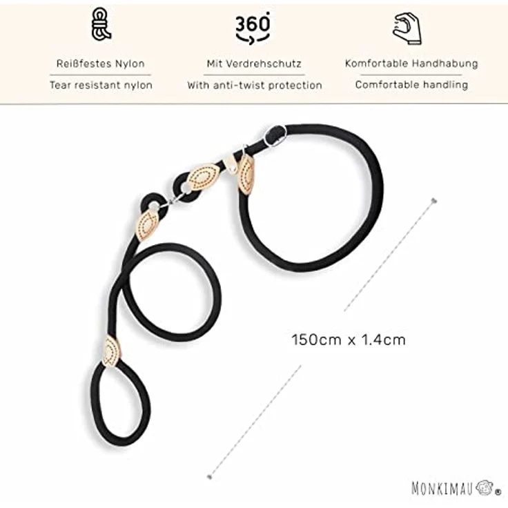 MONKIMAU Hundeleine mit Zugstopp Halsband Set für große Hunde, Nylon 1,4cm x 150cm, reißfest, schwarz – Bild 3