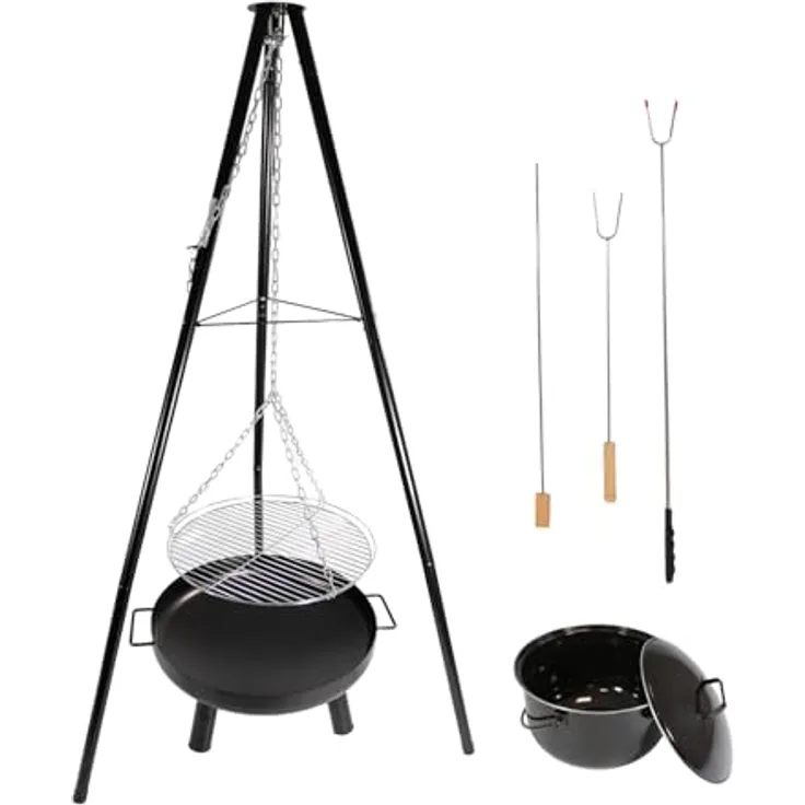 LEMODO Schwenkgrill mit Feuerschale und Grillrost, Dreibein Hängegrill mit Gulaschkessel, BBQ 3 Bein Grill Gestell - Holzkohlegrill Zubehör, Schwarz