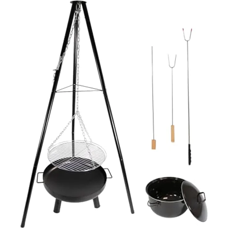 LEMODO Schwenkgrill mit Feuerschale und Grillrost, Dreibein Hängegrill mit Gulaschkessel, BBQ 3 Bein Grill Gestell - Holzkohlegrill Zubehör, Schwarz – Bild 1