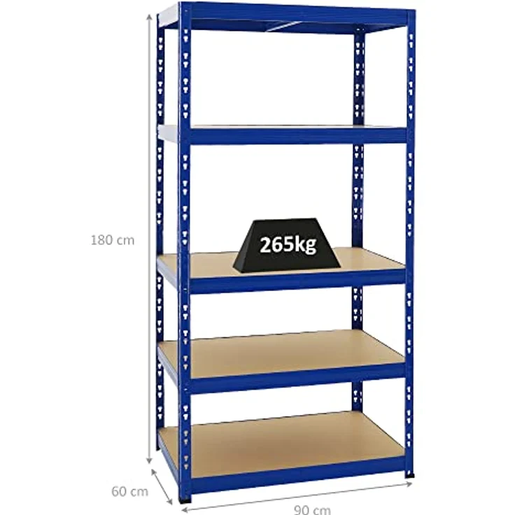 Proregal Schwerlastregal Tiger, H 180 cm x B 90 cm x T 60 cm, 5 Böden, Traglast 265 kg pro Boden, Steckmontage, Blau – Bild 2