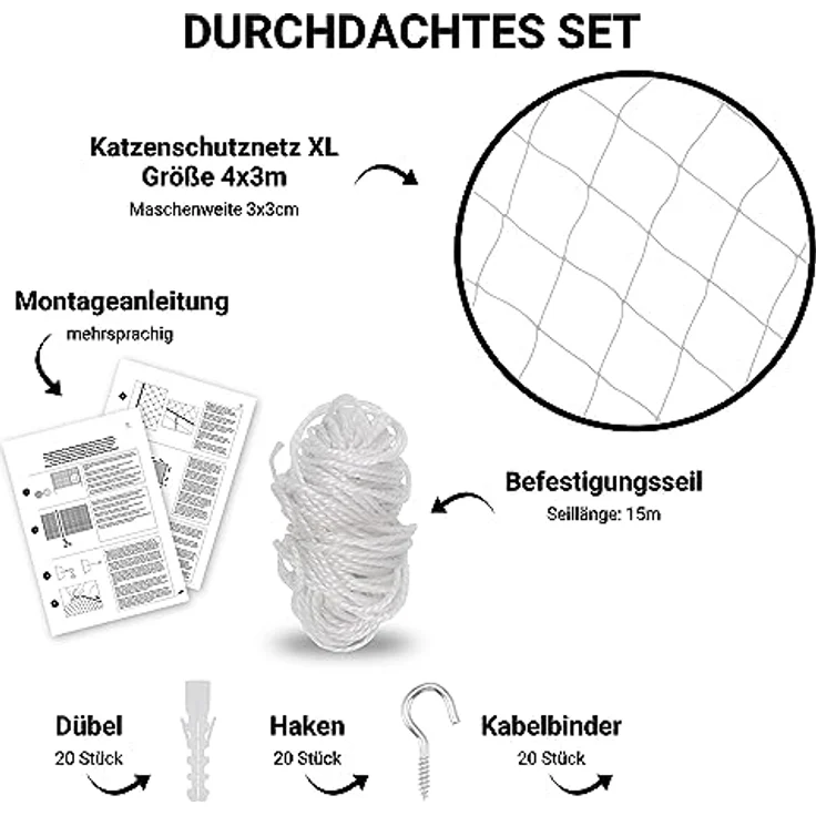 FinoPet Katzennetz für Balkon 4x3 Meter transparent inklusive Befestigungsmaterial, Katzenschutznetz Katzengitter Schutznetz Sicherheitsnetz Balkonnetz für Katzen, Katzennetz für Balkon ohne Bohren – Bild 2