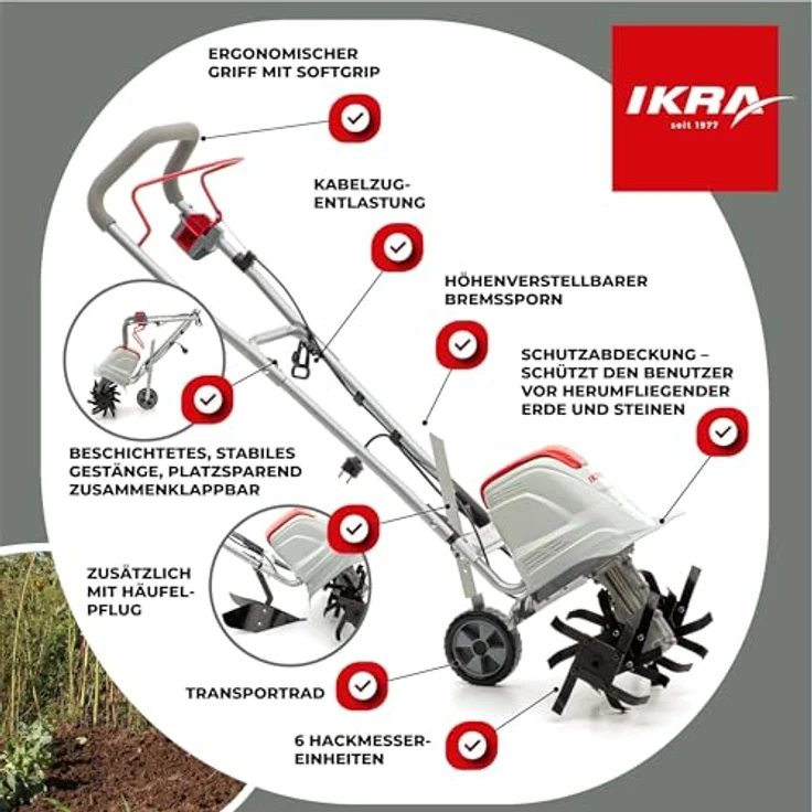 ikra GmbH Elektromotorhacke FEM 1500, 1500 W, 45 cm Arbeitsbreite, inkl. Häufelpflug, 17 bis 45 cm tief – Bild 6