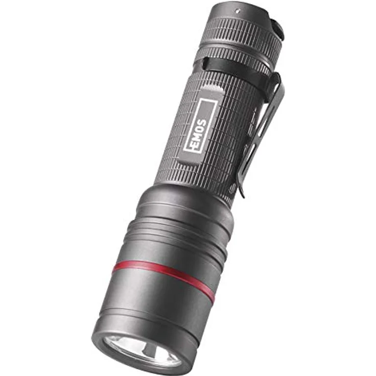 EMOS fokussierbare wasserdichte Taschenlampe, superhelle 340 lm CREE-LED-Handlampe mit 200 m Leuchtweite, robuste Metall-Taschenlampe mit Clip für Outdoor, Außen, Sport, schwarz, ULTIBRIGHT – Bild 1