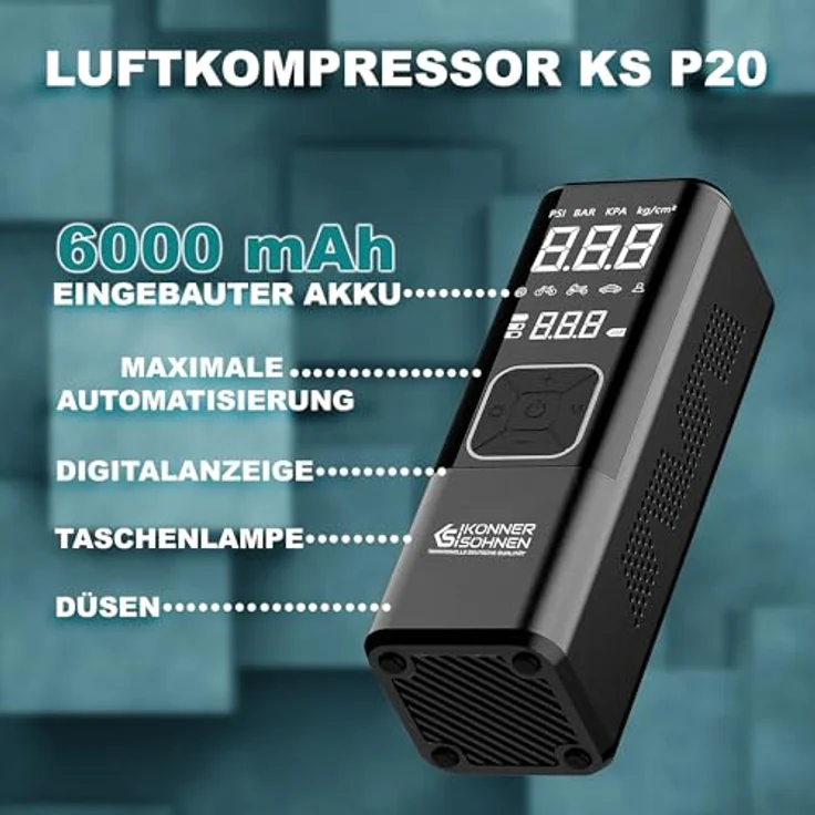 Könner & Söhnen KS P20, tragbarer Kompressor mit 150 Psi Betriebsdruck und integriertem Display, 22 l Tankvolumen, akkubetrieben – Bild 2