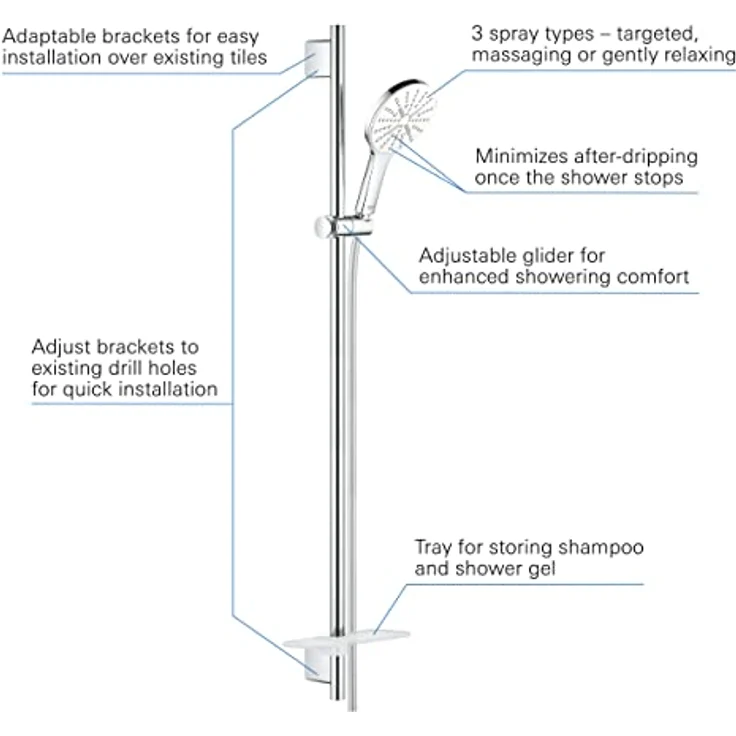 Grohe Rainshower 130, Duschbrauseset mit 3 Strahlarten, Moonlight White, 1000 mm Brausestange, 1,75 m Schlauch – Bild 4