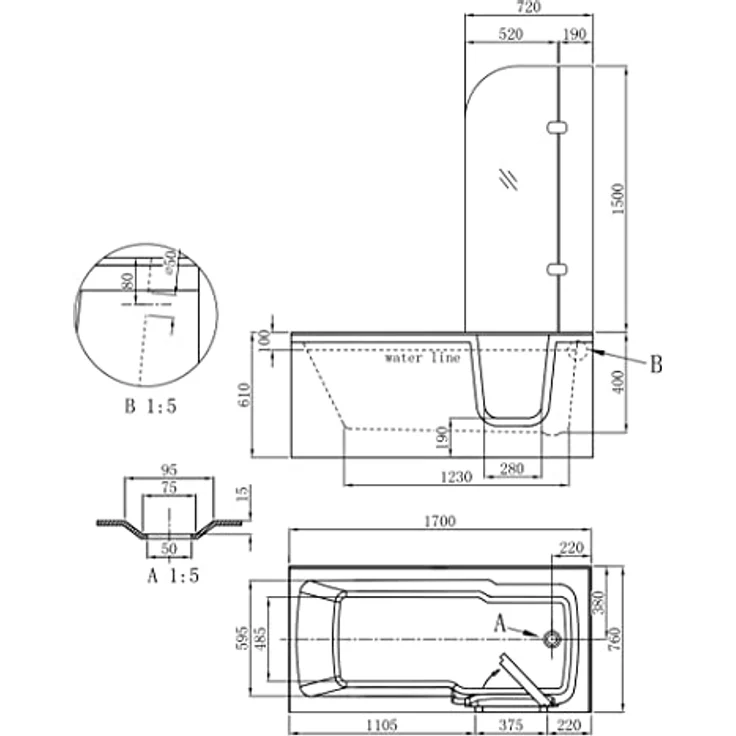 Sanotechnik Badewanne Paros, mit Tür, rechteckig, weiß, 170 cm, Acryl – Bild 5