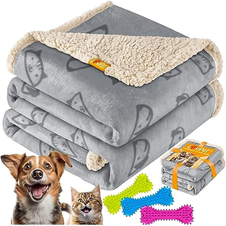 Lovpet® wasserdichte Hundedecke, Fleece Haustier Decke Katzendecke + 3X Kauknochen, für mittelgroße und große Hunde, Katzen, 152 x 127 cm, XL, maschinenwaschbar, beidseitiger Sofabezug-Schutz Grau
