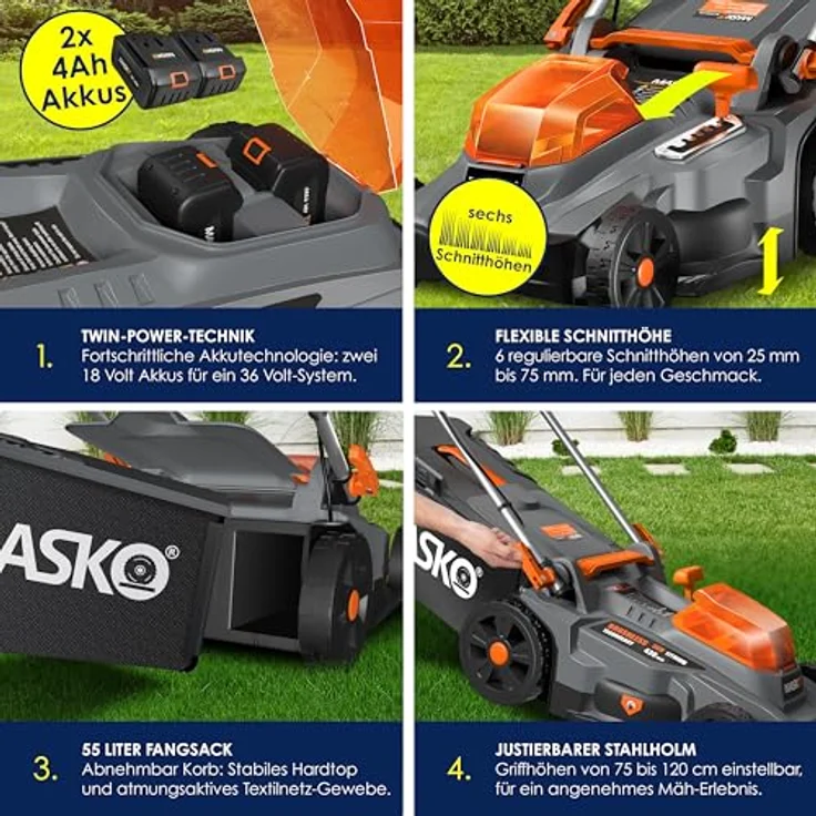 MASKO Akku Rasenmäher ECO-X10 inkl. 2X Akkus Li-Ion Batterie 4 Ah & Doppel-Ladegerät – Rasentrimmer Schnittbreite, 25-75mm Schnitthöhenverstellung Schwarz - Orange, Schnittbreite 43cm – Bild 4