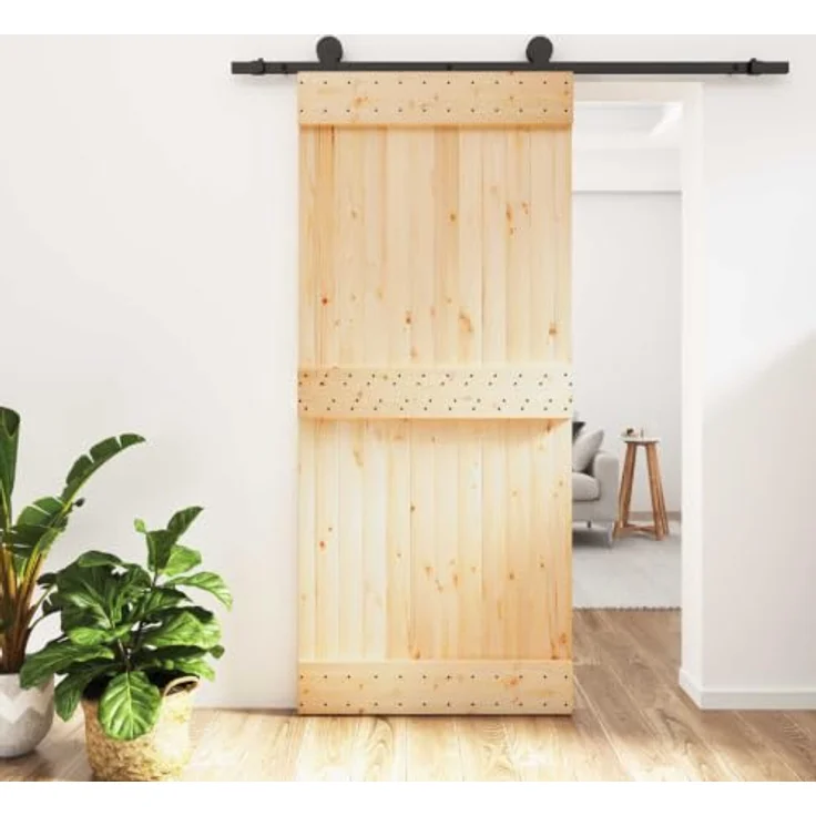 vidaXL Schiebetür 90 x 210 cm, Massivkiefer in Natürlich und Schwarz, moderne Trennwand für Wohnzimmer und Eingangsbereich – Bild 2