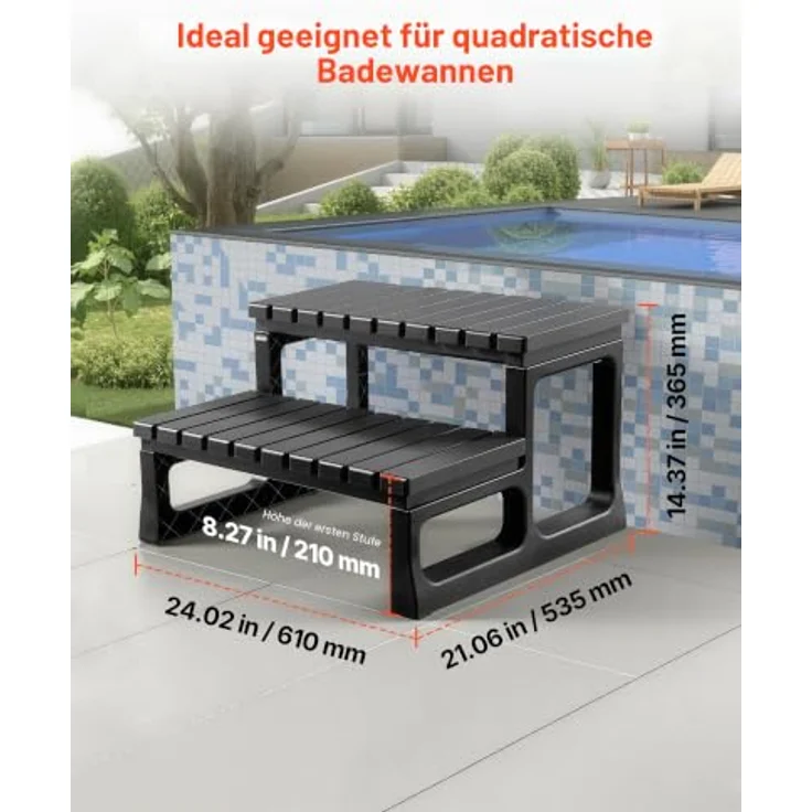 VEVOR 2-stufige Pooltreppe, PP-Leiter für oberirdische Pools, 599,44 mm breit, schwarze Außentreppe mit 145,15 kg Tragkraft und rutschfester Lauffläche – Bild 5