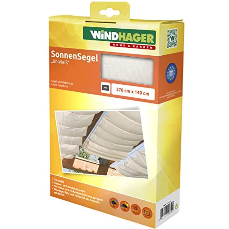 Windhager Sonnensegel für Seilspanntechnik, Wintergarten und Terrassen Beschattung, Seilspannmarkise, 270 x 140 cm, Uni Weiß, 10874