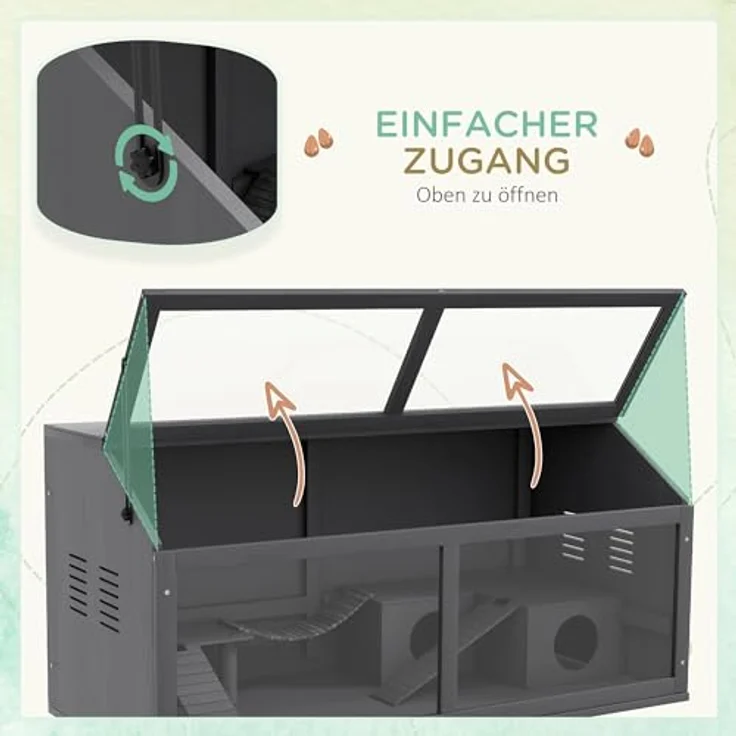 PawHut Hamsterkäfig aus Holz, 100cm Nagerhaus, Kleintierstall, Spielhaus mit Hängebrücke, Leitern, zu öffnendes Dach, Hütte, Dunkelgrau – Bild 4