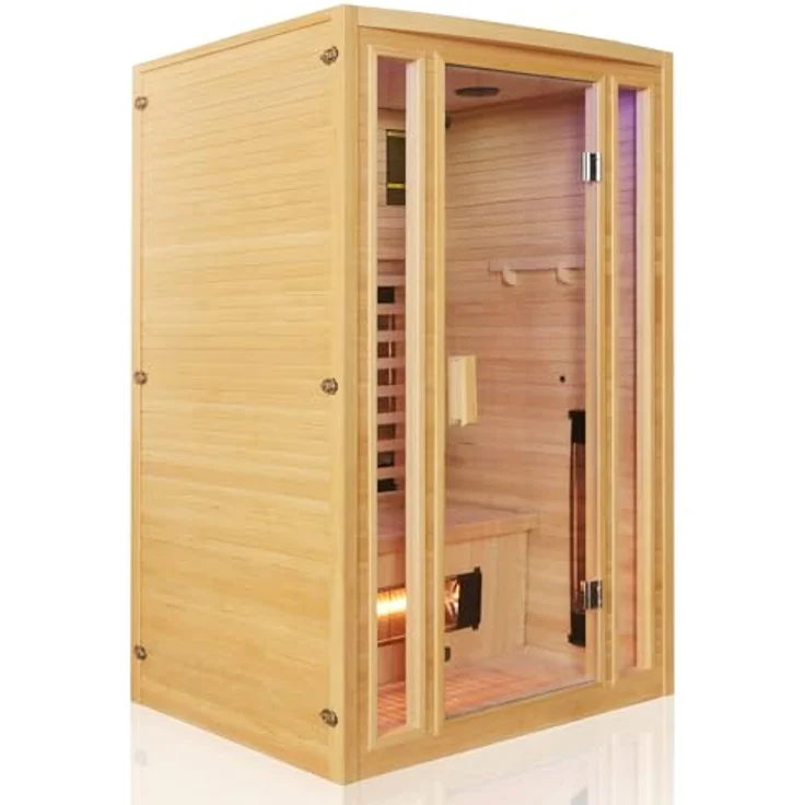 TroniTechnik Infrarotkabine MANILA 120 Wärmekabine, bis zu 2 Personen, 5 Vollspektrumstrahler, mit Farblichttherapie, Ionisator mit Ozondesinfektion und Aromatherapie, Multimedia, USB-Anschluss & Bluetooth, Hemlock-Holz – Bild 2