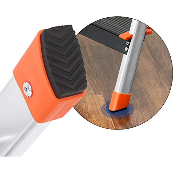 SONGMICS Leiter mit 4 Stufen, Aluleiter, 12 cm breite Stufen mit Riffelung, Anti-Rutsch-Füße, mit Handlauf, Werkzeugschale, bis 150 kg belastbar, schwarz-orange GLT04BK – Bild 4