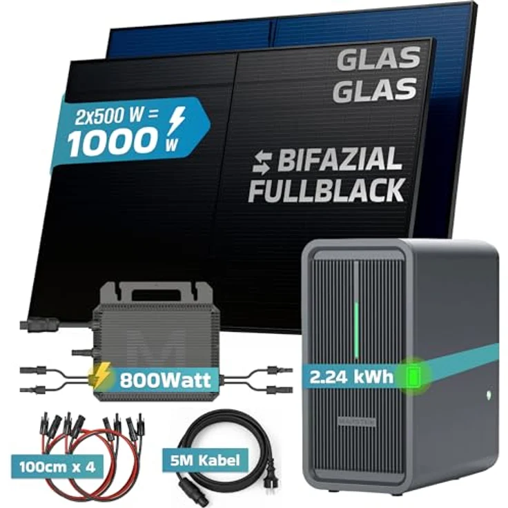 SUNNIVA® 1000W Balkonkraftwerk MARSTEK B2500-D, Bifaziales Fullblack Komplettset mit 2x 500W N-Type Glas-Glas Modulen und 2,24 kWh Speicher – Bild 3