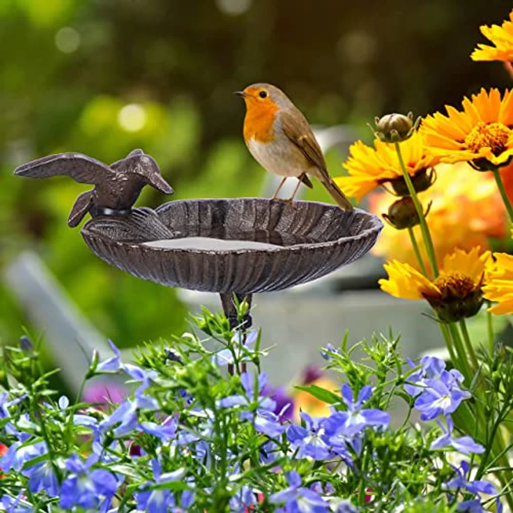 Relaxdays Vogeltränke zum Stecken, Wasserschale mit Vogel, frostsicher, Gartenstecker, 100 cm hoch, Gusseisen, braun – Bild 2