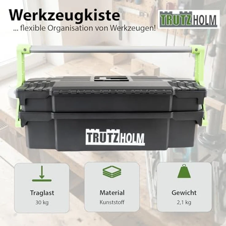 TRUTZHOLM Werkzeugkoffer 2-lagig, 30kg Traglast, 8 Fächer, anpassbar, Kunststoff, 42x17x16 cm – Bild 2