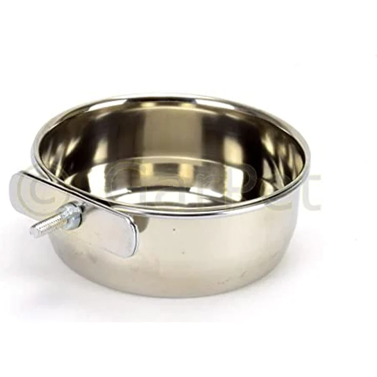 Edelstahlnapf zum Einhängen Schraub oder Hakenbefestigung Vogel Nager Hunde Napf (0,15 L mit Schraubenhalterung) – Bild 2