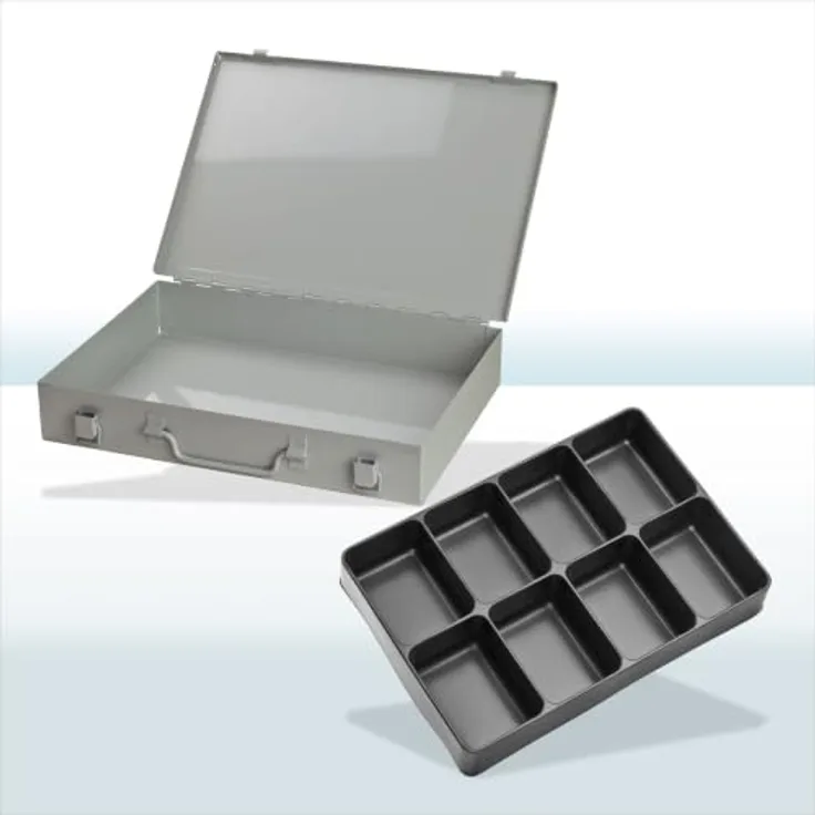 ADB Werkzeugkoffer, Stahlblechkasten mit 8 Fächern, pulverbeschichtet in RAL 7035, 33,5 x 24 x 5 cm, 1,2 kg
