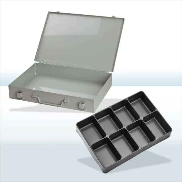 ADB Werkzeugkoffer, Stahlblechkasten mit 8 Fächern, pulverbeschichtet in RAL 7035, 33,5 x 24 x 5 cm, 1,2 kg – Bild 1
