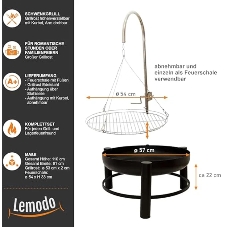 Feuerschale mit Holzkohlegrillrost, Schwenkgrill, 55 cm – Bild 3