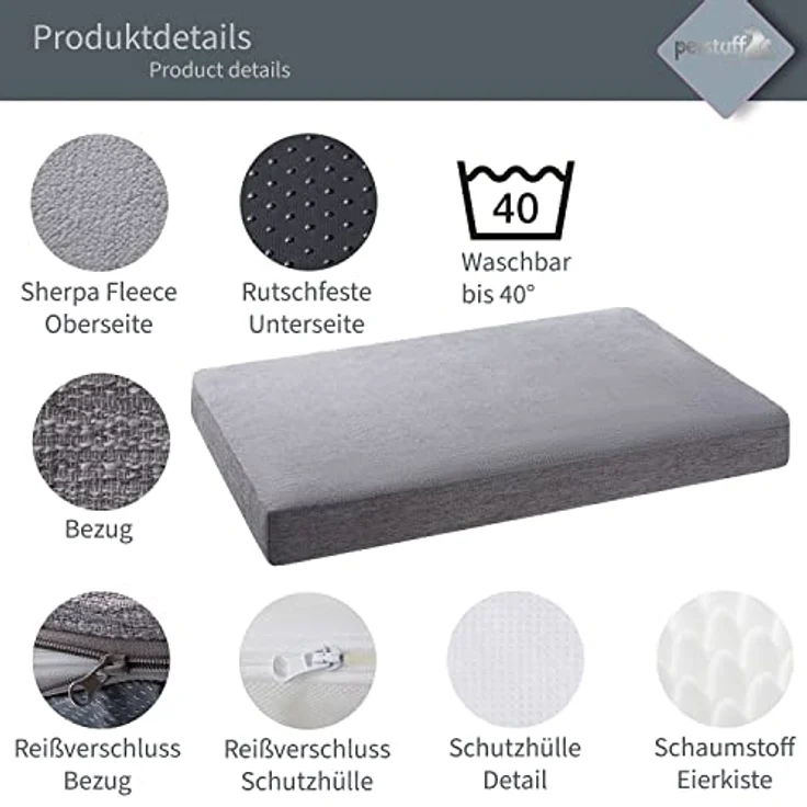 Petstuff Orthopädische Hundematratze, Bezug abnehmbar & waschbar, rutschfest, flauschig, Farb- u. Größenwahl, hellgrau, XS – Bild 5