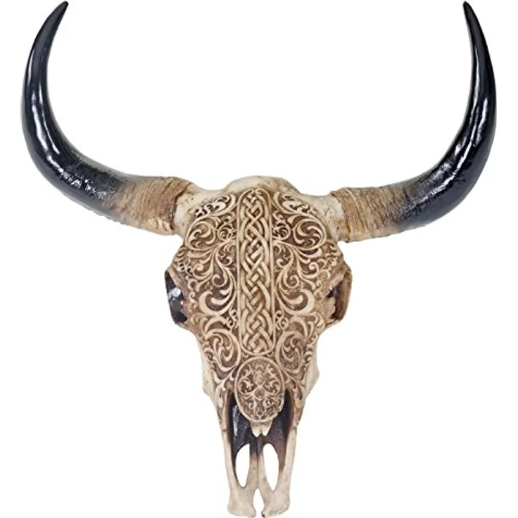 Deko Schädel 45cm, Polyresin Stier Bulle Longhorn Kopf Trophäe mit Tribal, In--Outdoor – Bild 4