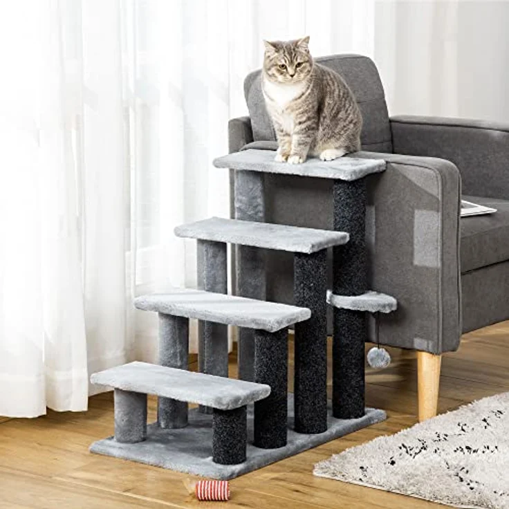 PawHut Haustiertreppe mit Kratzbaum Ball 4-stufige Katzentreppe Hundetreppe Tiertreppe Spanplatte Plüsch Jute Grau 60 x 40 x 64 cm – Bild 2