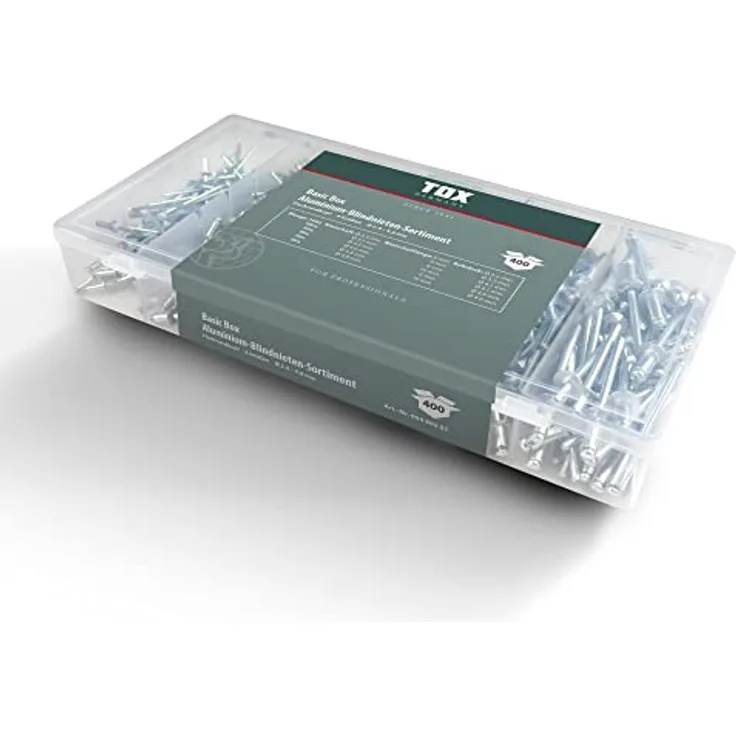 TOX Blindnieten-Sortiment aus Aluminium, mit Flachrundkopf in 6 Größen, 400-tlg. 09490205