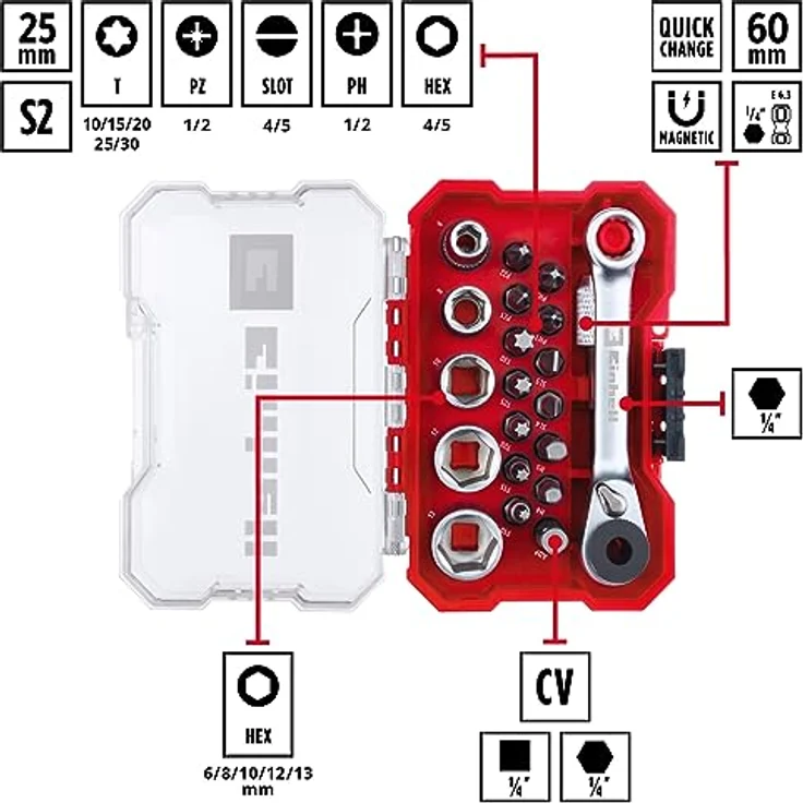 Einhell Bohrer- und Bitset 118683, 21-tlg. Set mit robusten S2 Stahl Bits, Schnellwechselbithalter und Aufbewahrungsbox – Bild 3