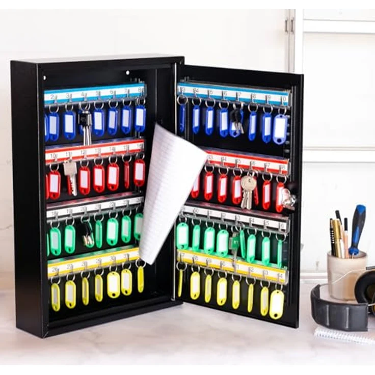 HMF Schlüsselkasten abschließbarer Schlüsselschrank mit 64 Haken, verstellbare Hakenleisten, 45 x 30 x 8 cm, schwarz – Bild 2