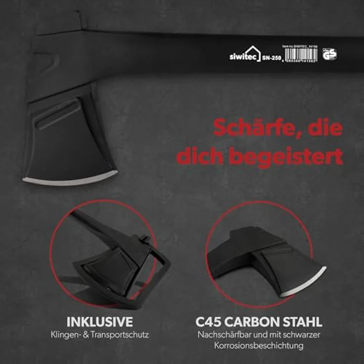 siwitec Axt SN-250 inkl. Klingenschutz, Spaltaxt mit 250 Gramm Kopfgewicht, Axt zum Holz spalten mit glasfaserverstärktem Kunststoff-Stiel und C45 Carbon Klinge, Spalthammer – Bild 4