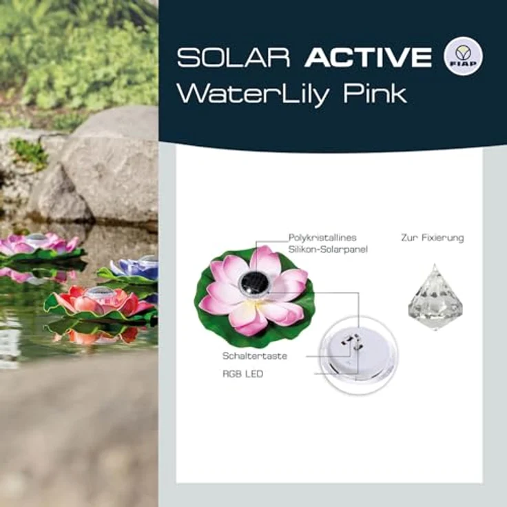 FIAP SOLAR ACTIVE WaterLily WHITE, schwimmende Seerose mit Solarbeleuchtung und LED, farbwechselnd, inklusive Akkubatterie, Teichbeleuchtung für Gartenteich und Pool, Ø 280 x 80 mm – Bild 3