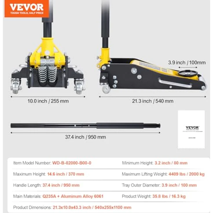 VEVOR hydraulischer Rangierwagenheber 2 t, robuster Aluminiumwagenheber mit Doppelkolben-Schnellhubpumpe, niedrigem Profil, gelb – Bild 7