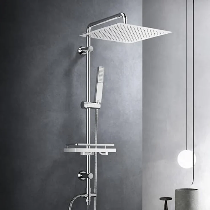 Görbach Edelstahl Duschset, Regendusche 30x30 cm, Duschsystem ohne Armatur, verstellbare Duschstange und Duschablage Chrom – Bild 1