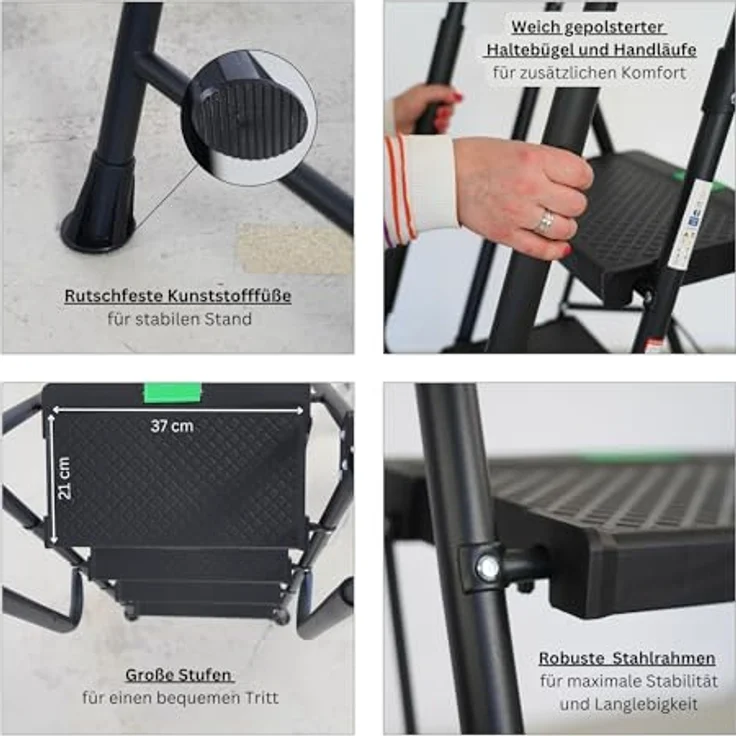 PROREGAL® Trittleiter Profi-Stehleiter, klappbar, 5 Stufen, Traglast 150 kg, robuste Stahlkonstruktion, Kunststoffstufen, Matt Schwarz – Bild 5