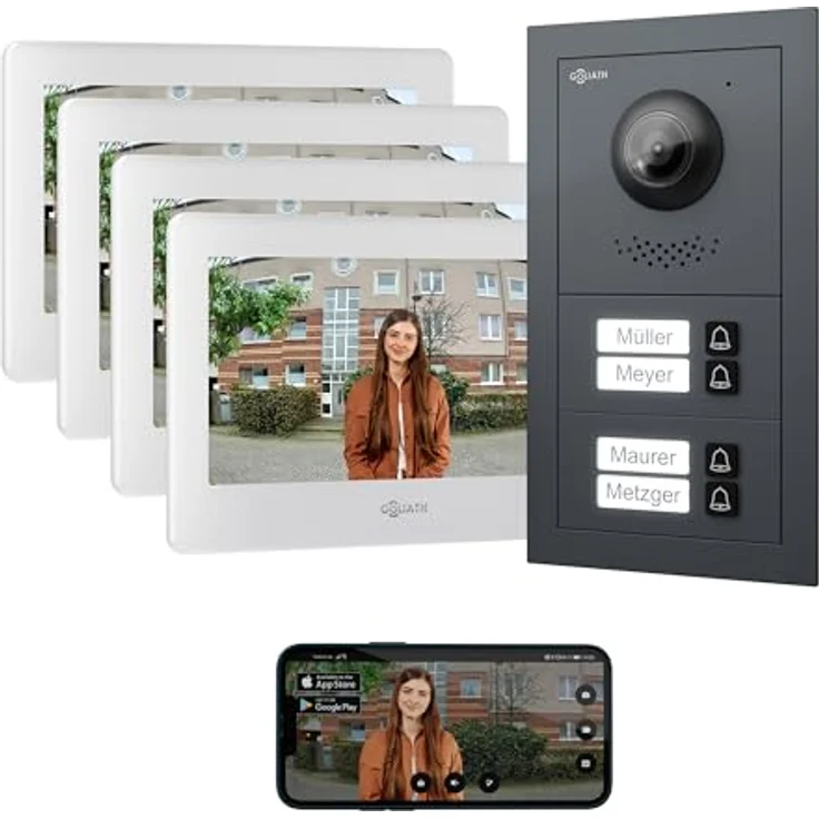 Goliath Intercom Video-Türsprechanlage Basic-Line, 7-Zoll HD Monitor in Weiß/Schwarz, 2-Draht Technologie für 4-Familienhaus, mit Kamera und WLAN-Funktion – Bild 1
