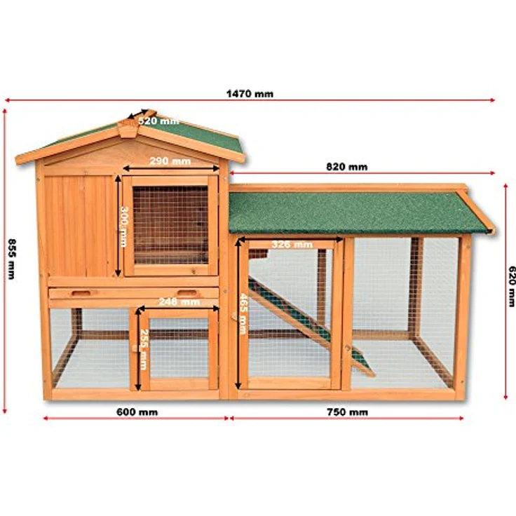 Wiltec 2 Etagen Nagerhaus 1470 x 520 x 855 mm, zweistöckig, Fichtenholz, Bitumeneindeckung, Freilauf Gehege, Hasenstall - Wiltec – Bild 3