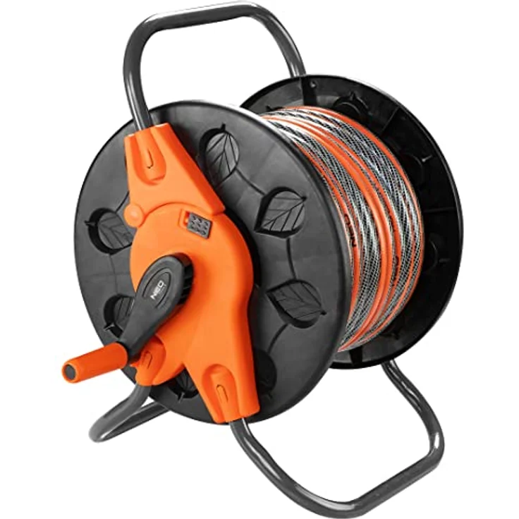 NEO TOOLS Schlauchtrommel für Gartenschlauch bis 60 m (1/2") - Hochwertiger Kunststoff (PP, ABS) und Stahl, Schwarz/Orange, verhindert Schlauchknicken, klappbarer Griff für einfachen Transport – Bild 3