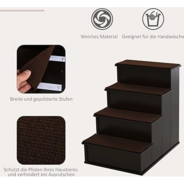 PawHut Haustiertreppe 4-stufige Hundetreppe Katzentreppe Einstiegshilfe mit Rutschfester Matte Haustierleiter für Auto Bett Sofa MDF Dunkelbraun 40 x 59 x 54,2 cm – Bild 3